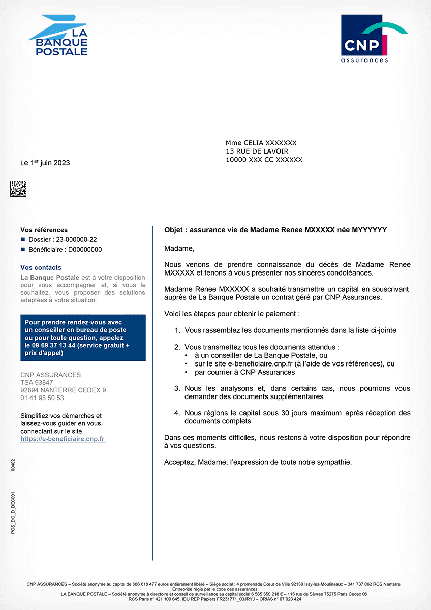 Image d'un courrier type envoyé par CNP Assurances au bénéficiaire d'un contrat La Banque Postale
