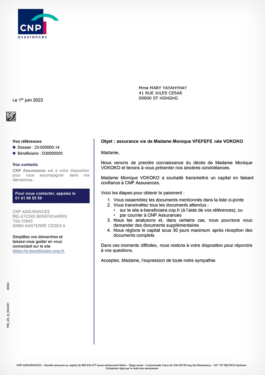 Image d'un courrier type envoyé par CNP Assurances au bénéficiaire d'un contrat Amétis